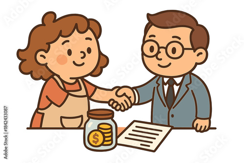 Professional man and woman shaking hands over a financial agreement and savings jar