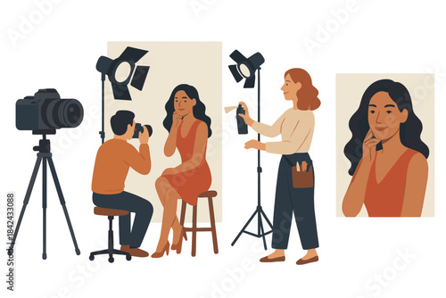Professional studio photoshoot scene featuring a model, photographer, and makeup artist working together