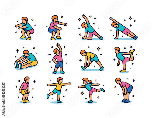 Colorful Fitness Icons. Fitness postures. Colorful isometric vec