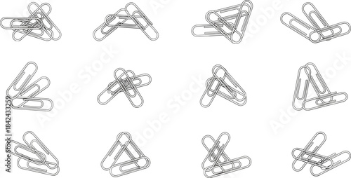 Set of scattered paper clips, silver metal office supplies arranged in piles, black outline vector illustration isolated on white background for stationery.