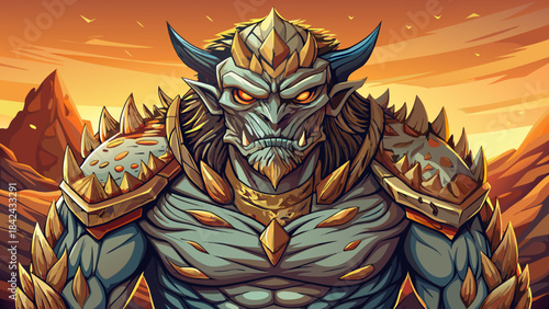 Very beautiful representation of a towering mythical creature from desert legends, featuring rugged textures, stone-like skin, fierce expression, and powerful stance designed for detailed vector artwo