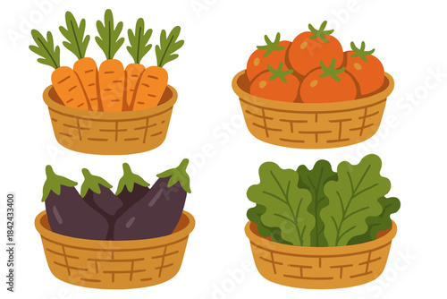 Wicker baskets overflowing with fresh organic produce including carrots, tomatoes, and lettuce