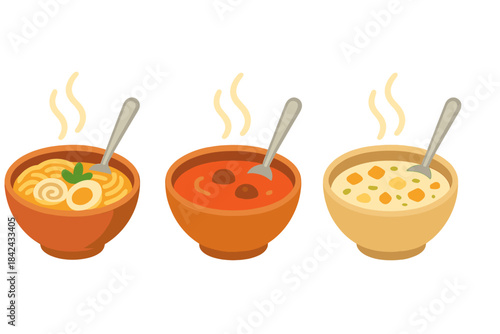 Set of three steaming bowls of hot soup: ramen noodles, tomato soup with meatballs, and creamy vegetable chowder