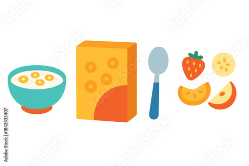 Colorful breakfast set featuring a bowl of cereal, a box, a spoon, and various fruit slices