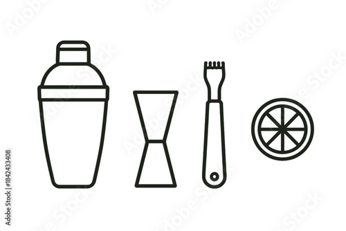 Outline icons of cocktail shaker jigger muddler and citrus slice for bar equipment