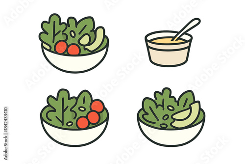 Healthy food icons featuring fresh green salad bowls with various ingredients and creamy dressing