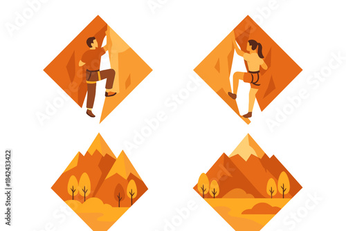 Four diamond badges with rock climbers and mountain landscapes in autumn colors
