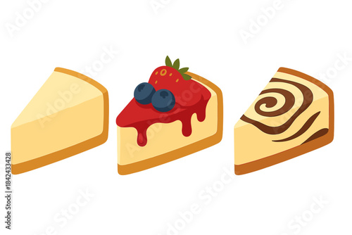 Three delicious slices of creamy cheesecake dessert with fruit and chocolate toppings