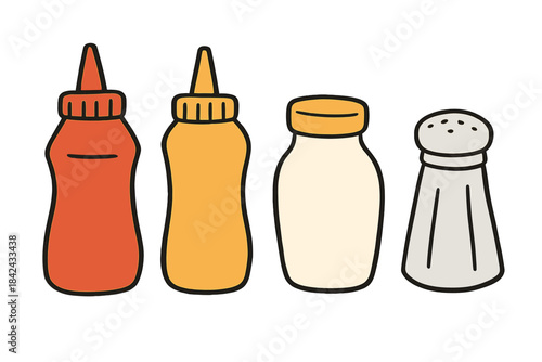 Set of four popular condiment and seasoning bottles: ketchup, mustard, mayonnaise, and salt shaker
