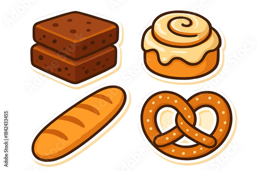 Popular baked goods assortment featuring brownies, cinnamon roll, baguette, and pretzel