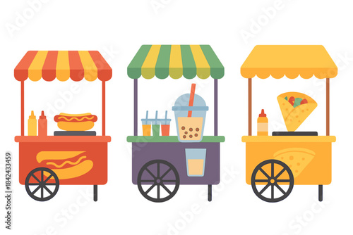 Set of brightly colored street food carts selling hot dogs, bubble tea, and crepes
