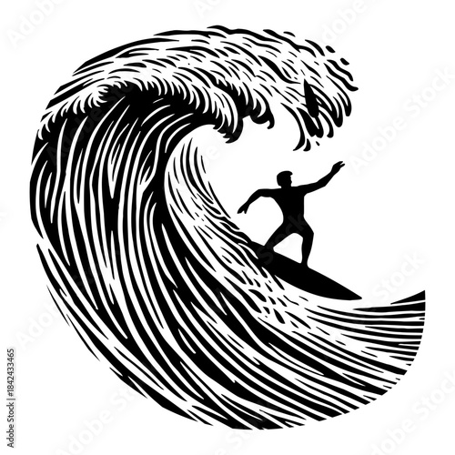 Silhouette Surfer Rides A Powerful Crashing Wave During A Stormy Day With Dramatic Monochrome Styling