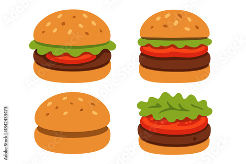 Stylized cartoon hamburgers and cheeseburgers with sesame buns, lettuce, tomato, and meat patties