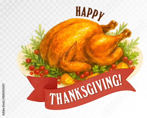 Watercolor roasted turkey with vegetables and festive ribbon banner, traditional thanksgiving holiday illustration for autumn celebration, greeting cards and seasonal designs. Vector illustration.