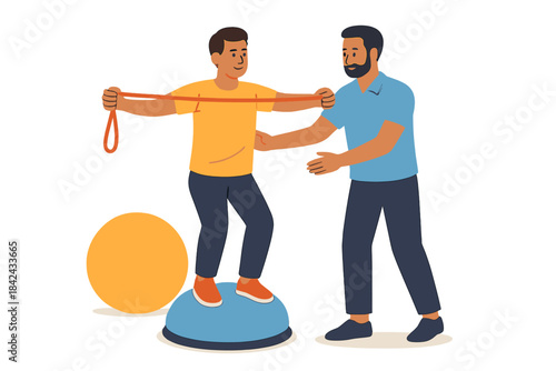 Physical therapist assisting patient with resistance band and balance dome rehabilitation exercise