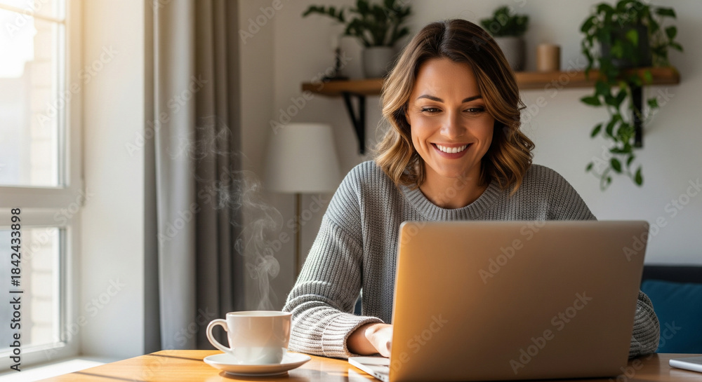 Fototapeta premium Woman Working on Laptop at Home Desk