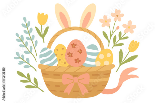 Colorful Easter basket with decorated eggs, spring flowers, bunny ears, and ribbon bow