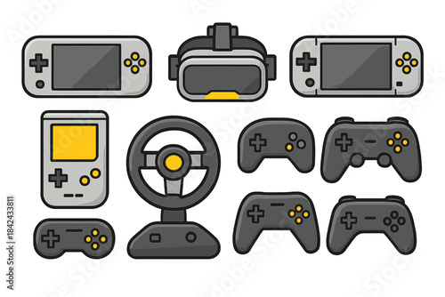 Collection of gaming devices including handheld consoles, VR headset, steering wheel, and gamepads