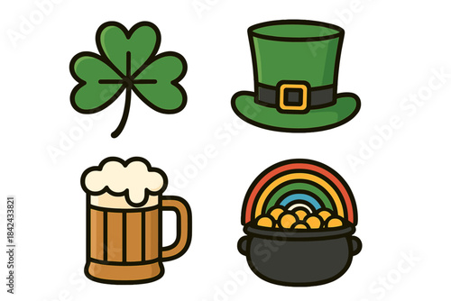 Traditional Irish holiday symbols featuring shamrock clover, leprechaun hat, beer mug, and pot of gold