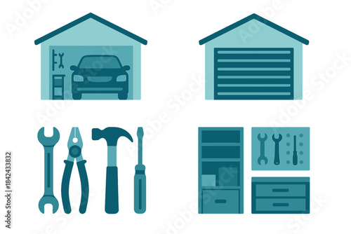 Set of garage icons showing car repair workshop, closed door, hand tools, and storage cabinets