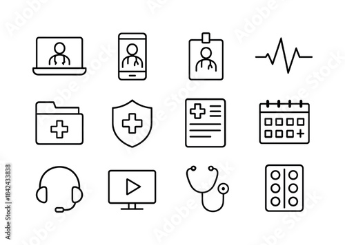Virtual Healthcare Icons. Virtual Healthcare. Line icon set of V