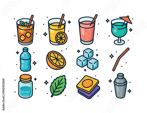 Summer Drink Icons. Summer Refreshments. Colorful isometric vect