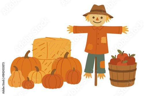 Friendly scarecrow standing among pumpkins, hay bales, and basket