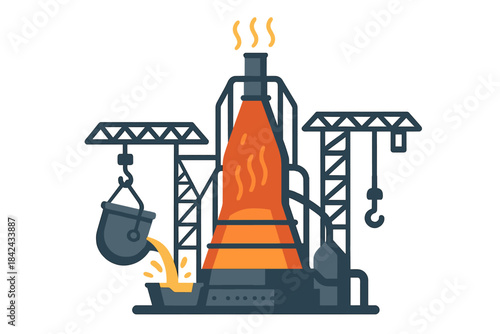 Smelting metal in a blast furnace with a crane pouring molten material