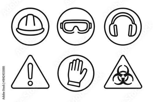 Outline mandatory personal protection equipment and hazard warning signs collection