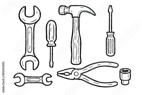 Essential set of mechanic and carpenter tools featuring hammer, wrenches, screwdrivers, and pliers
