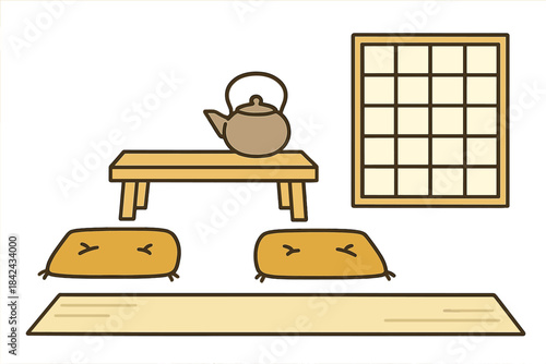 Minimalist Japanese interior design with low wooden table, teapot, cushions, and shoji screen