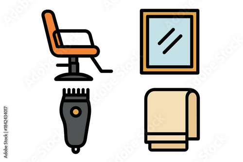 Barbershop and hair salon equipment featuring styling chair mirror hair clipper and towel