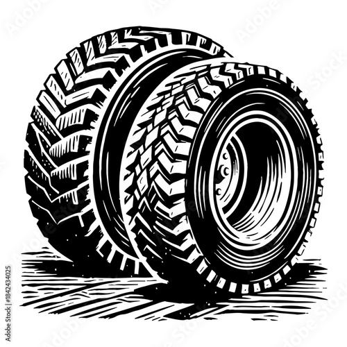 Two Black Treaded Tires On A White Background Detailed Industrial Graphic Art