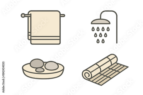 Spa and bathroom essentials featuring towel, shower, massage stones, and bamboo mat symbols