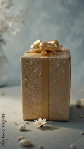 Elegant golden gift boxes with intricate floral patterns and delicate white flower accents