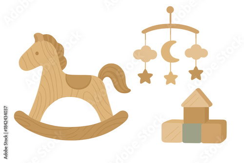 Natural wooden baby toys collection featuring a rocking horse, building blocks, and crib mobile