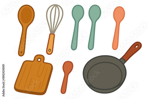 Set of essential kitchen tools for cooking and baking: spoons, whisk, cutting board, and frying pan
