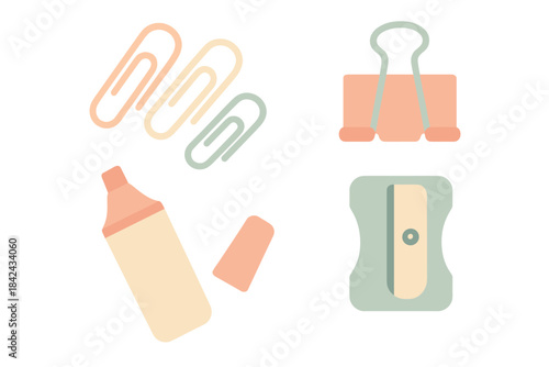 Set of essential stationery items in soft pastel colors isolated on a white background