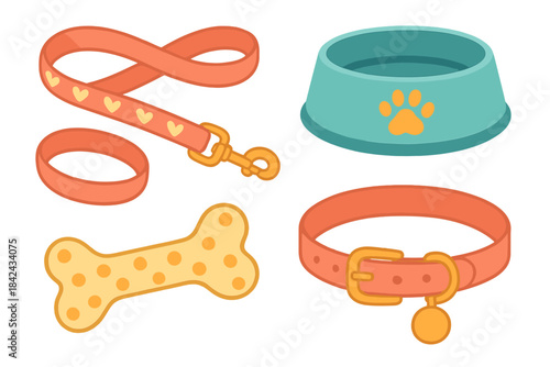Colorful dog supplies set including leash, adjustable collar, feeding bowl, and chew toy
