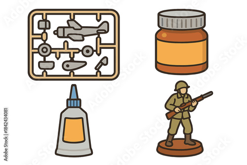 Scale model kit assembly supplies including plastic parts, paint, glue, and a military figurine