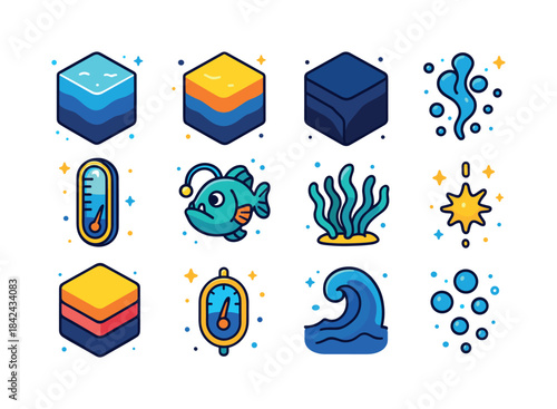 Colorful Ocean Layers Icons. ocean layers. Colorful isometric ve