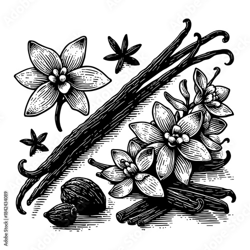 Vanilla Beans Flowers Star Anise and Cinnamon Sticks Botanical Illustration Black and White