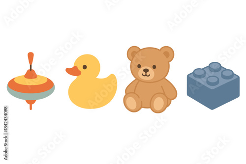 Classic childhood toys including a spinning top, rubber duck, teddy bear, and building block