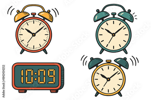 Collection of ringing analog and digital alarm clocks for time management