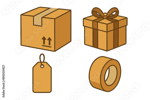 Set of packaging elements including cardboard box, gift, price tag, and packing tape