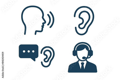 Set of glyphs representing communication, hearing, sound, and customer service support