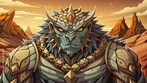 Very beautiful representation of a towering mythical creature from desert legends, featuring rugged textures, stone-like skin, fierce expression, and powerful stance designed for detailed vector artwo