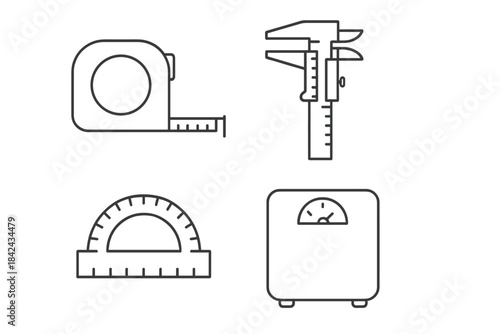 Set of measurement tools: tape measure, caliper, protractor, and weight scale