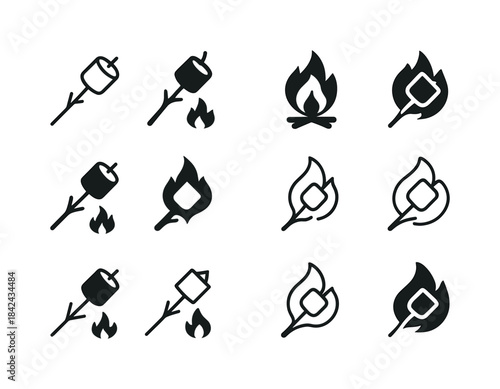 Marshmallow Icon Variations. Roasting marshmallows. Icon set. Se