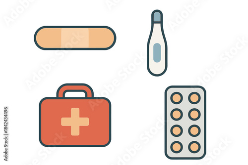 First aid box, digital thermometer, adhesive bandage, and medication blister pack for healthcare and emergency use